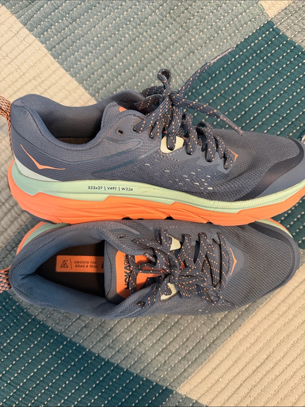 Hoka womens Sneakers in Navy Blue with Coral and Mint Accents